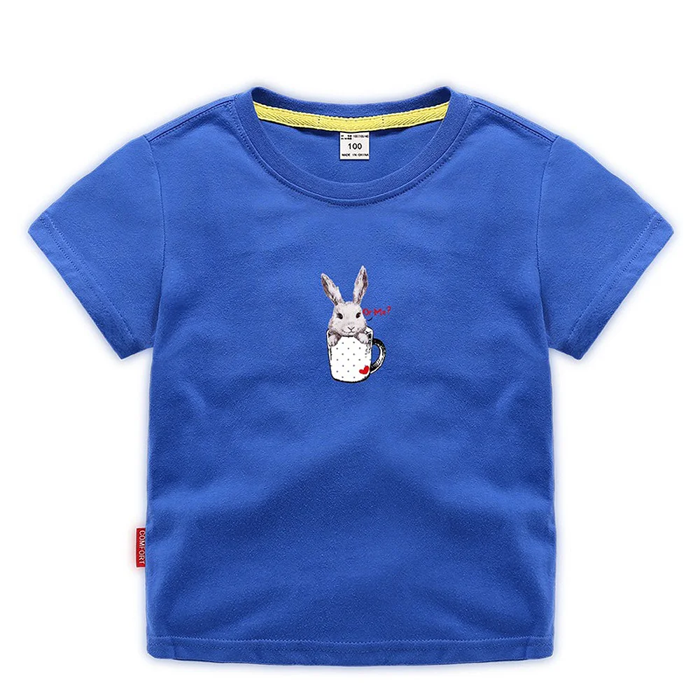 Летняя детская Рождественская одежда хлопковая однотонная Детская Повседневная футболка с короткими рукавами и принтом кролика для маленьких девочек Футболка - Цвет: Синий