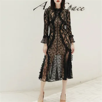 

HAMALIEL Designer Brand Ladies Party Lace Dresses Spring Autumn Vintage Women Flare Sleeve Hollow Out Bodycon Slim Black Dress