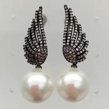 

Women's Angel Wings Stud Earrings 14mm White Round Sea Shell Pearl gunmetal color Plated white Cubic Zirconia pave Earrings