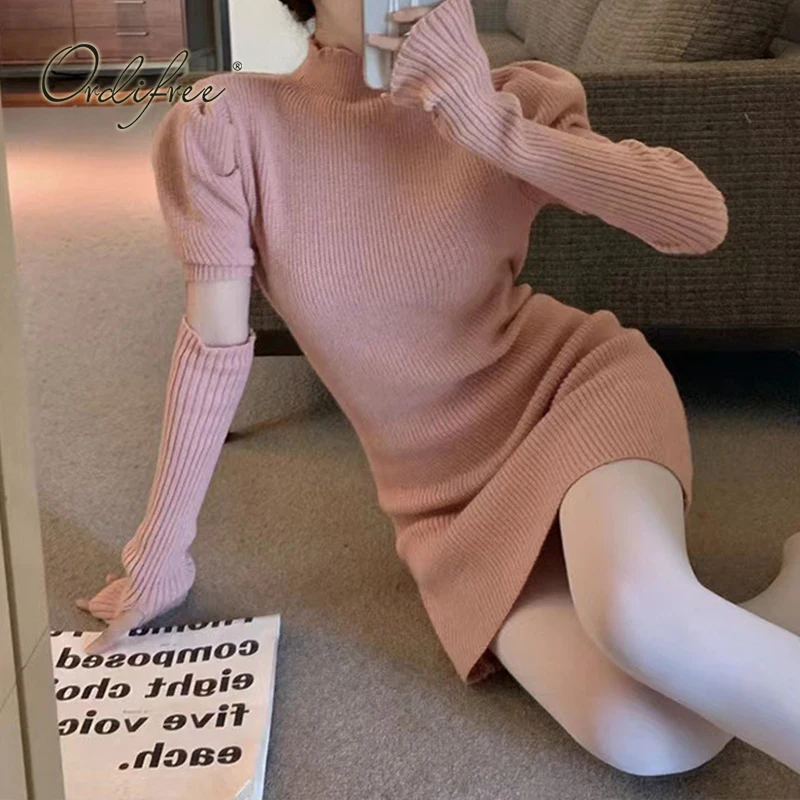 

Ordifree 2022 Autumn Winter Women Knitted Dress Long Sleeve Sexy Pink Bodycon Short Sweater Dress