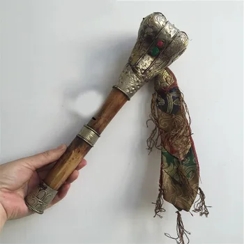 

christmas Old Tibet Hand Carved Yak Bone Inlay Cupronickel Pestle JiangMo Horn Statue new Year