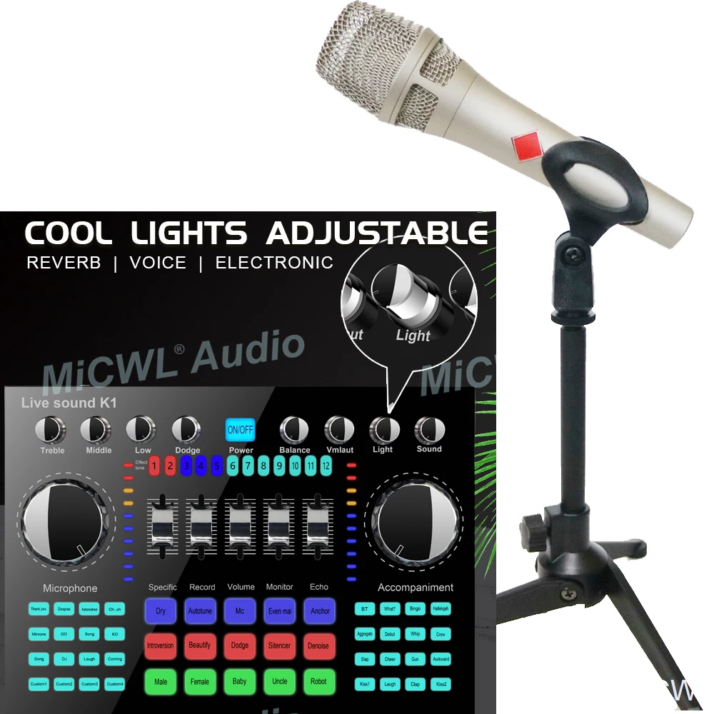 US $30.40 Beautiful Color Light Sound Audio Card Mixer Adapter KMS105 Condenser Table Microphone Live Mixing Console Bluetooth Mixer