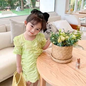 

Wrinkled Temperament Baby Girls Dress 2020 New Summer Short Sleeved Kids Cotton Dress 2 Color Soild Color Children Clothing 1-6y