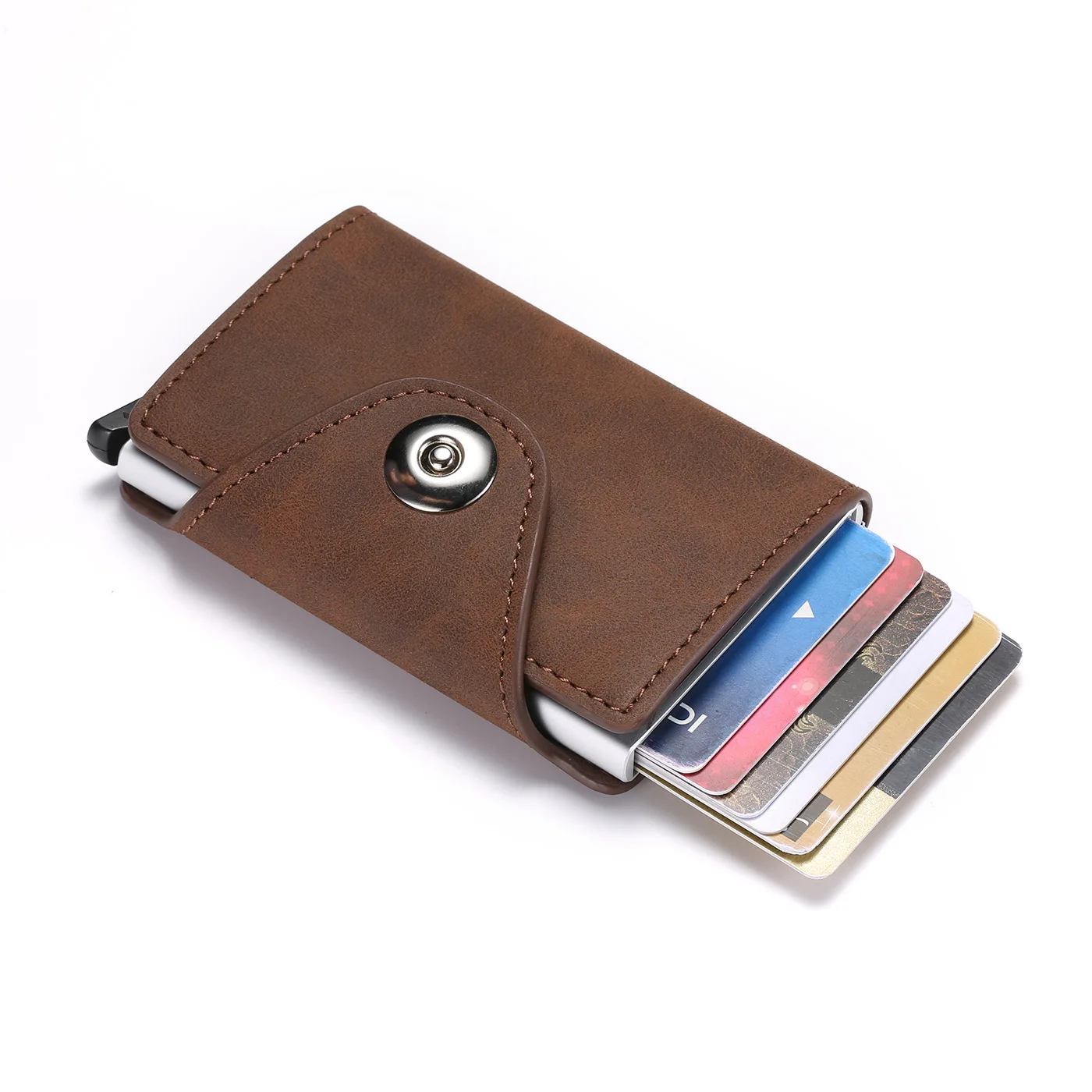 Кожаный бумажник новейший мужской тонкий анти-защитный Дорожный Чехол для ID карты RFID Автоматический алюминиевый кредитный держатель для карт минималистичный кошелек - Цвет: Coffee