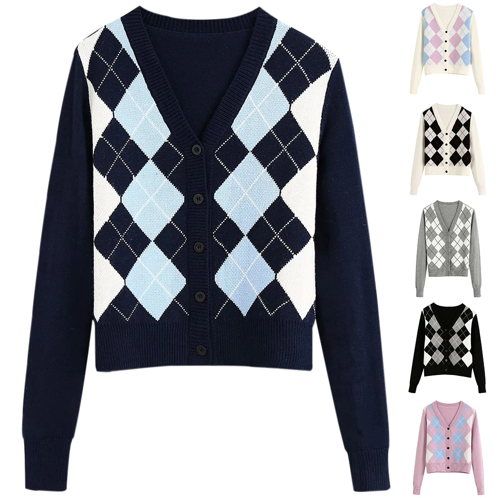 

CYSINCOS Women Cardigan Vintage Stylish Geometric Pattern Short Knitted Sweater Fashion Long Sleeve England Style Outerwear