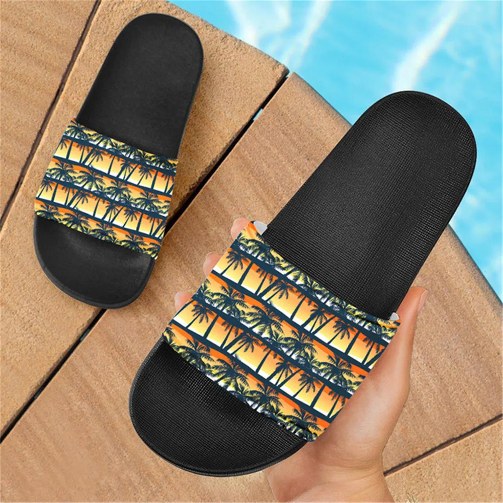 Doginthehole Beach Slipper for Women Men Sea Palm Tree Design Comfort  Ladies Flat Slip On Flip Flop Anti-Slip