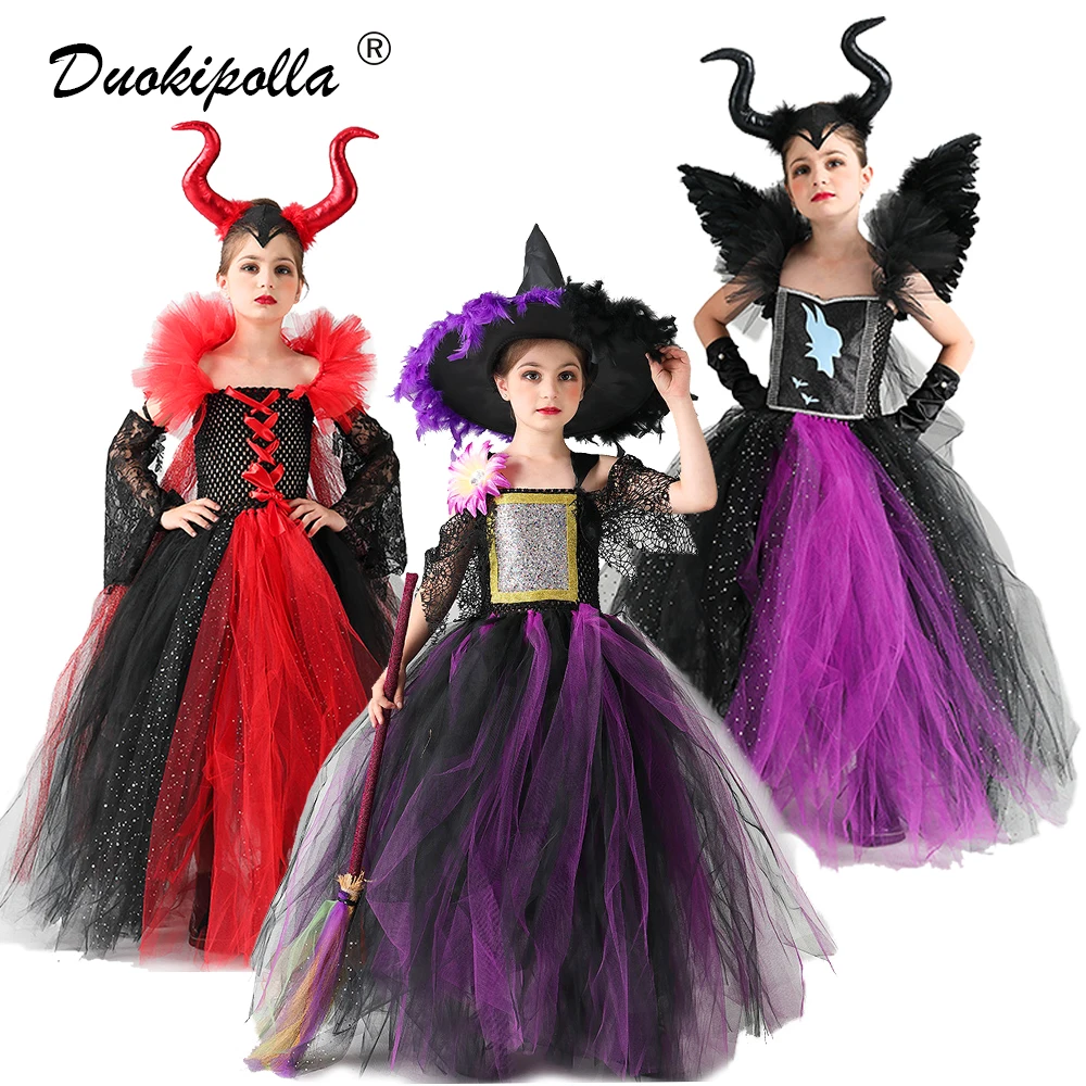 Halloween Girls Maleficent Costume Children Masquerade Carnival Party Vampire Red Queen Dress Up Birthday Tulle Puffy Ball Gowns |