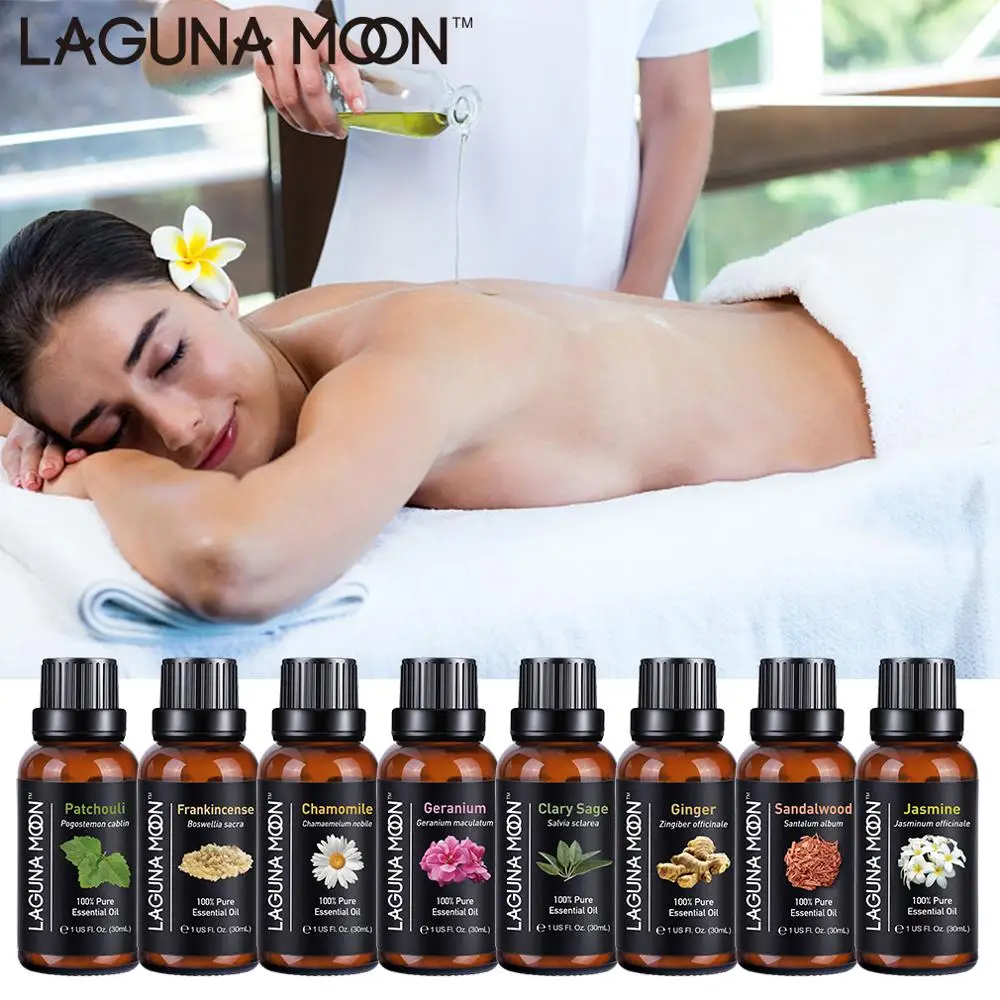 

Lagunamoon Pure Essential Oils 30ML Rose Tea Tree Massage Humidifier Peppermint Frankincense Lavender Jasmine Oil Essential