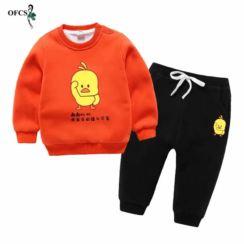 

Young Children's Clothes Winter Plus Warm Baby Cartoon Sweatsets Boys Girls Long-Sleeved T-shirts Knitted Pullovers+Pants 2Pcs/S