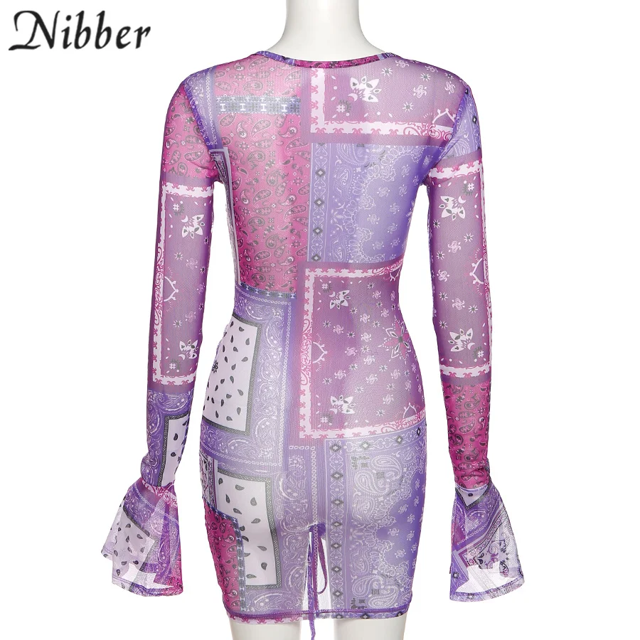 NIBBER Summer Sexy Retro Print Neon Dress Women's V-neck Long Sleeve Fashion Clothing Casual Party Bodycon Mini Dress 2021 New