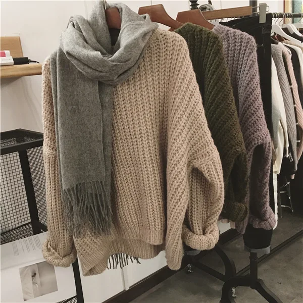 Retro Autumn Winter Knitted Sweater For Women Pull Femme Oversize Loose Long Sleeve Solid Color Warm Jumper | Женская одежда