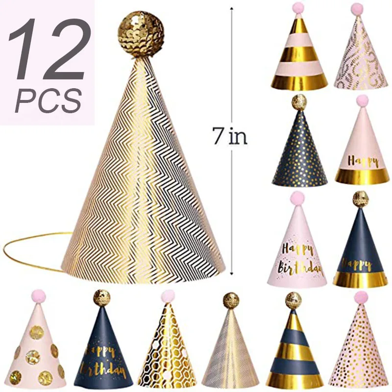 7 Pack of 12 Elegant Black and Pink Birthday Party Paper Cone Hats Black/Pink/Silver 