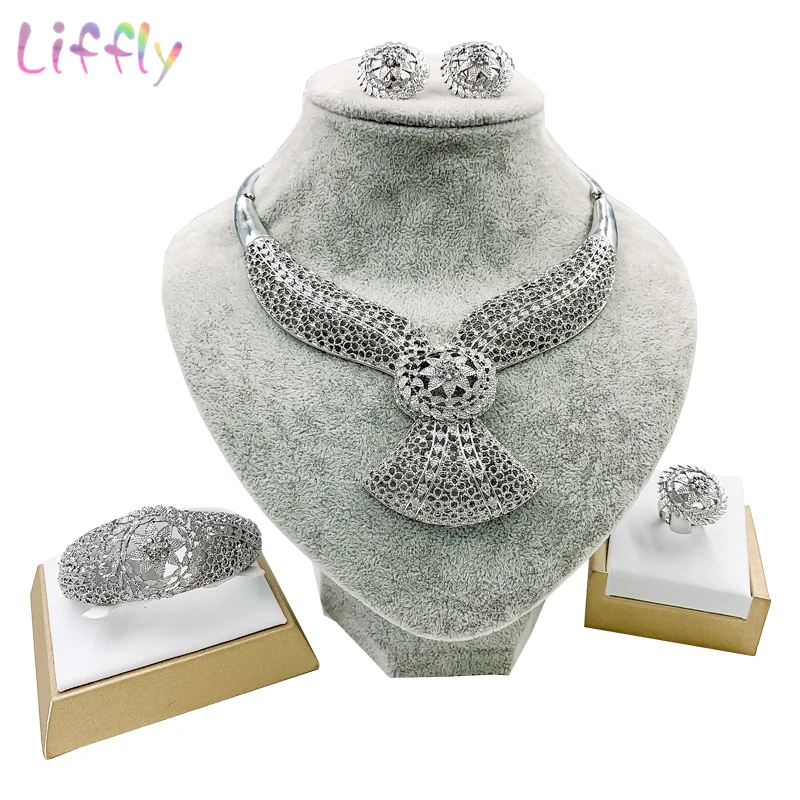 

Trendy Jewelry Exquisite Hollow Design Dovetail Shape Silver Crystal Necklace Earrings Ring Bracelet African Jewelry Set Female
