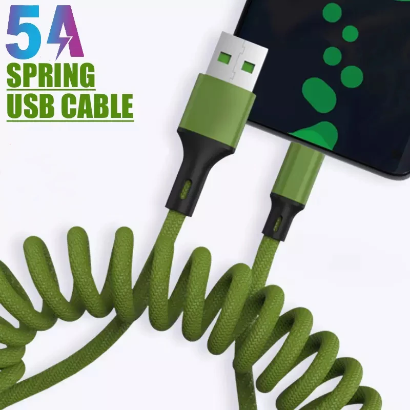 Зарядный провод Micro USB Type-C Kable шнур для быстрой зарядки 5 А пружинный кабель 1 м