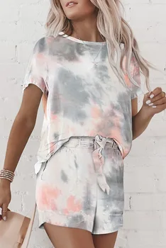 

Striped Printed Female Cotton Clothes Sets Short Sleeve Tops T-shirt High Waist Bottom Ladies Pajama Sets Sleep Wear