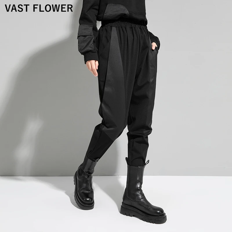 

Black Spliced High Elastic Waist Casual Harem Pants Women New Pocket Loose Fit Trousers Autumn Winter 2021 Fashion Streetwear