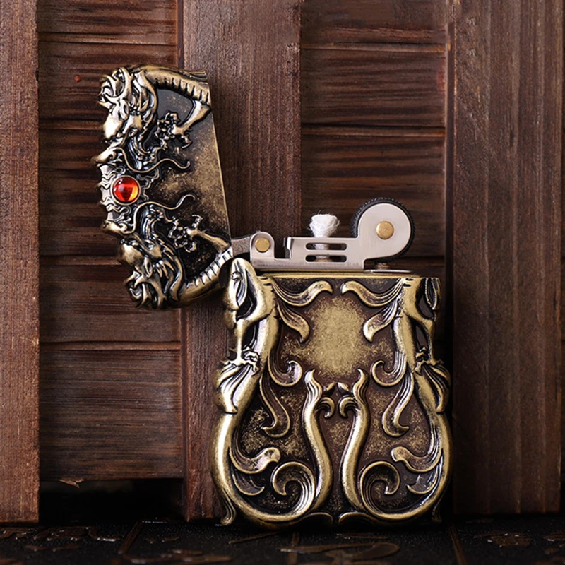 

Free Fire Zorro Windproof Kerosene Lighter Original Embossed Dragon Retro Grinding Wheel Oil Waterproof Flint Lighter Ultra Thin