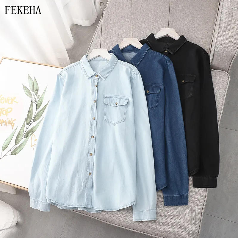 Autumn Women Denim Shirts Blue Blouses Long Sleeve Casual Soft Black Lady Tops Female Clothes One Pocket