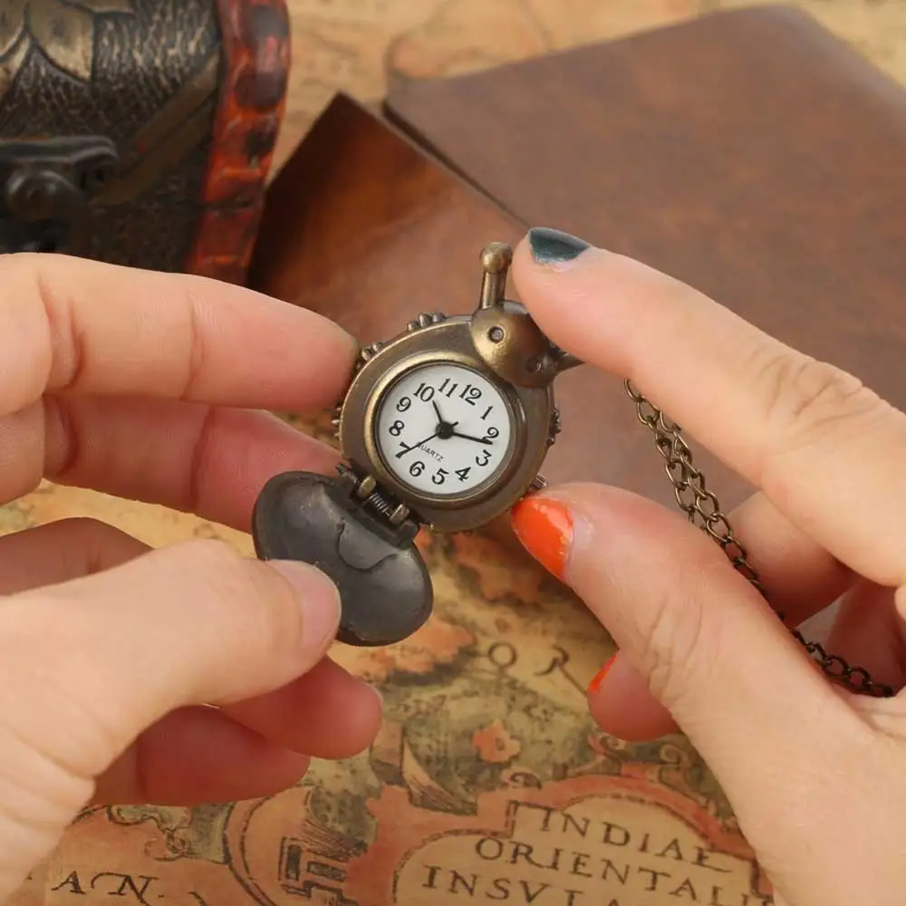 Новинка Бронзовый Божья коровка Дизайн FOB карманные часы с Цепочки и ожерелья Цепь для детей Обувь для девочек Для женщин детский подарок на день