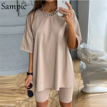 激安 Sampicファッション白カーキセクシーな女性の夏のoネック半袖シャツトップスとボディコンショーツボトムスーツツーピースを設定します