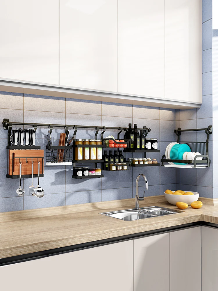 

Black kitchen rack wall-mounted punch-free household drain dish rack space stainless steel storage