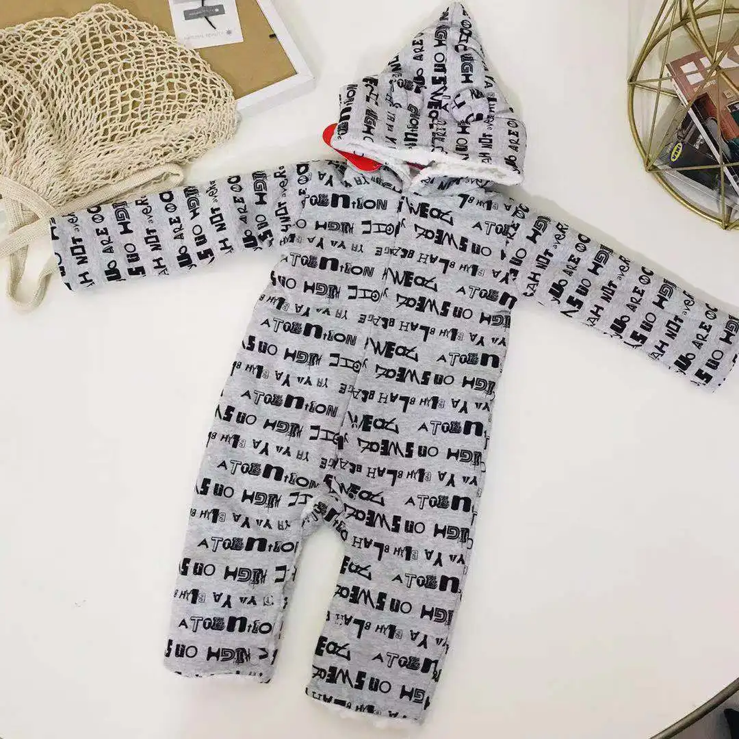 winter baby clothes new born boy long sleeve hooded romper toddler costume letter print onesie newborn jumpsuit Fleece overalls