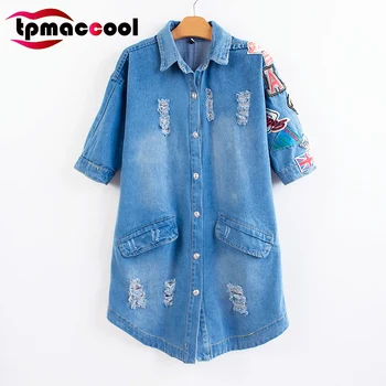 

Tpmaccool luxury designer vintage women HIGH END blue Denim short sleeve patches cut out womens tops and blouses shirts S-XL