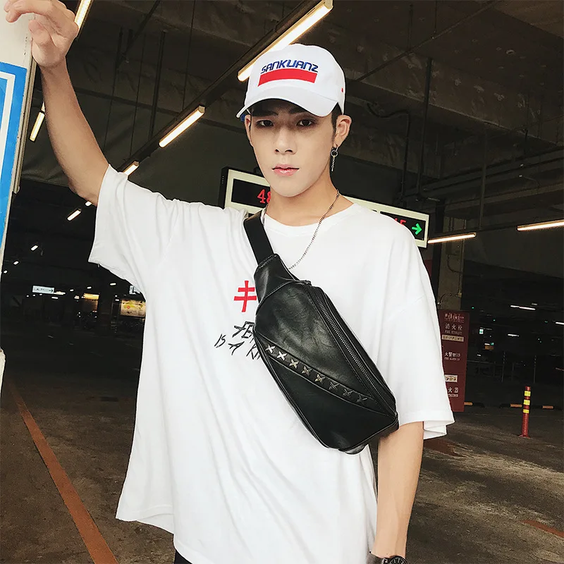 

New Men's Cortical Waist Bag Multi-functional Rivet Slanting Bag Men's Waist Bag Chaotic Style Leisure Bag