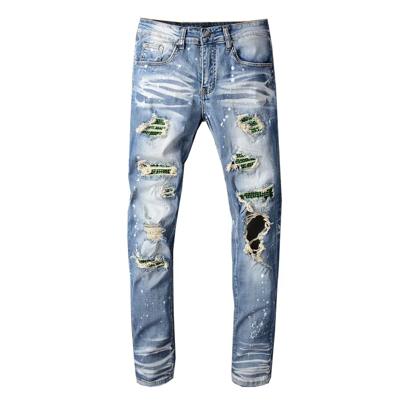 Jean Noir Homme Bootcut Jeans For Men Autumn Trendy Brand New Light Blue Paint Hole Encrusted Patch Stretch Tight Skinny Jeans Jeans Aliexpress