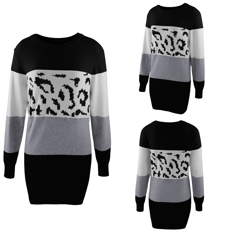 Chifirena Vintage Leopard Patchwork Sweater Dress Women O Neck Long Sleeve Winter Casual Robe Female Elegant Minie Vestidos
