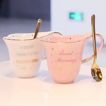 

European-style Gold Heart-shaped Coffee Cup Creative Couple Pair Ceramic Mug Send Spoon Drinking Glass Birthday Wedding Gift