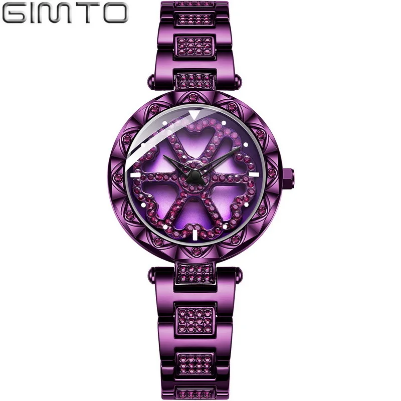 GM622 purple GIMTO вращающиеся бриллиантовые Роскошные брендовые ювелирные изделия для женщин женские наручные часы для женщин Мода кварцевые повседневные платья женские наручные часы - Цвет: GM622 purple