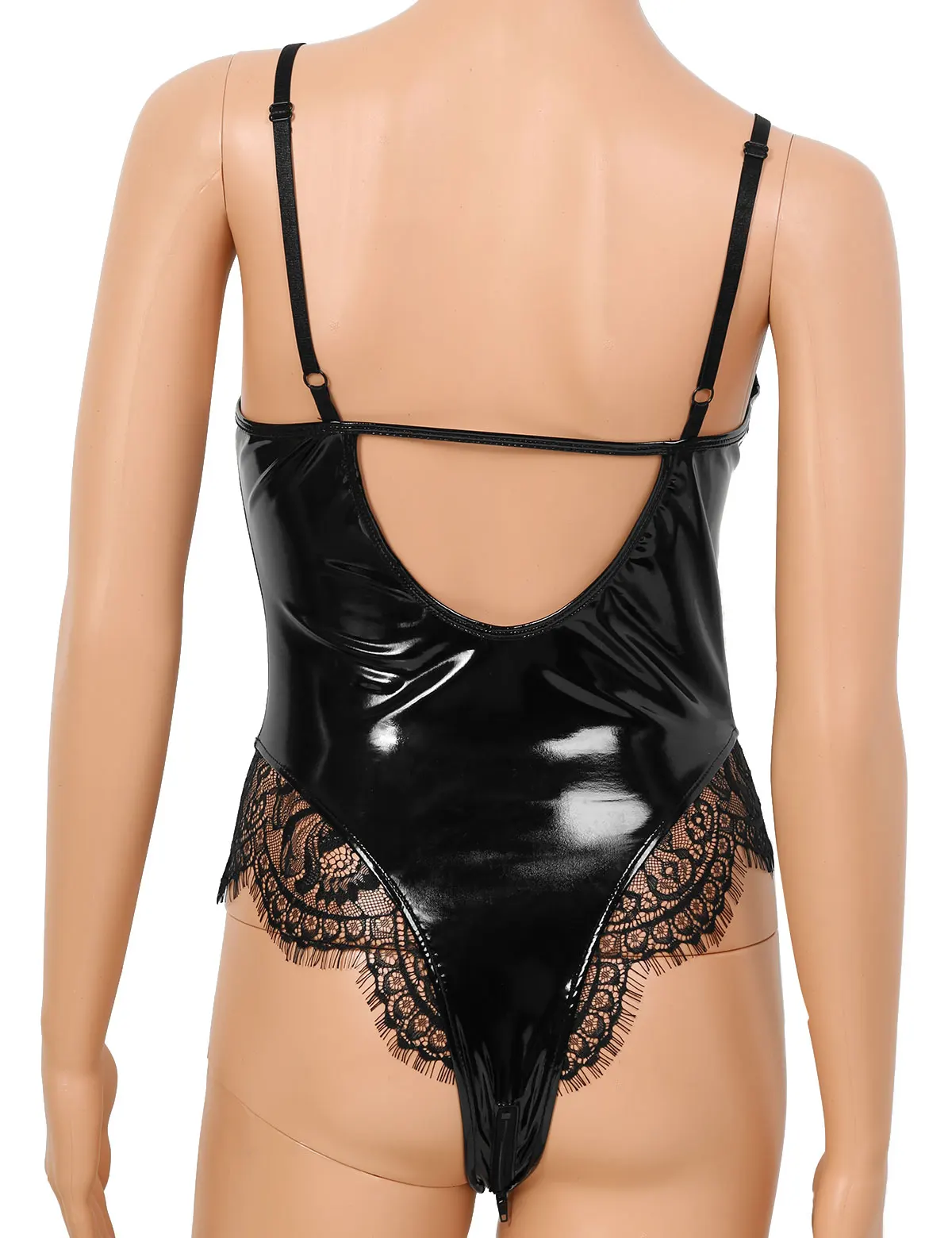 Женское нижнее белье для взрослых из кожи Wetlook, боди бодичулок, облегающее, на бретельках, с кружевными чашечками, на молнии, сексуальное боди, клубная одежда