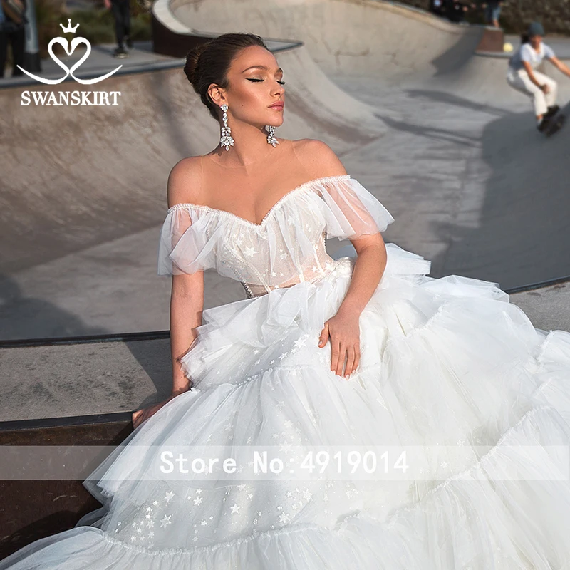 Романтическое бальное платье свадебное платье Swanskirt Милая Ruched Тюль свадебное платье со шлейфом Иллюзия Vestido de noiva F311