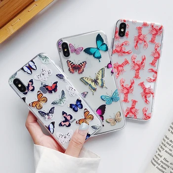

Insect Pattern Soft TPU Phone Case For iphone 11Pro Max XR X XS Max 6 6S 7 8 Plus Simple Cute Butterfly Lobster Patterned Cover