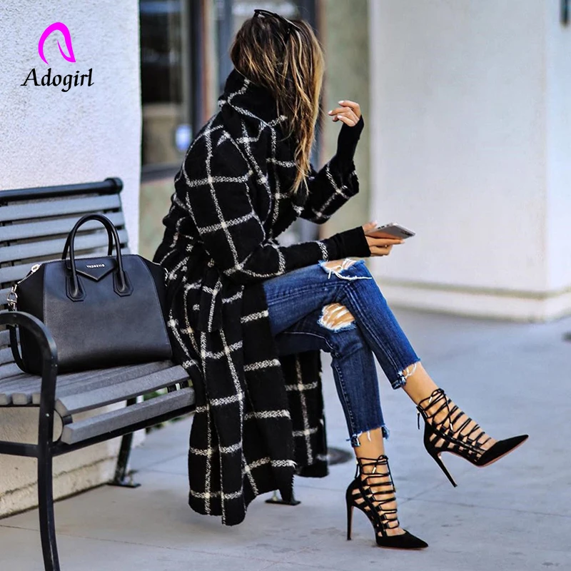 Adogirl, корейское модное женское черное пальто, зимнее длинное шерстяное пальто с капюшоном, клетчатое пальто, элегантное теплое женское свободное шерстяное пальто, верхняя одежда