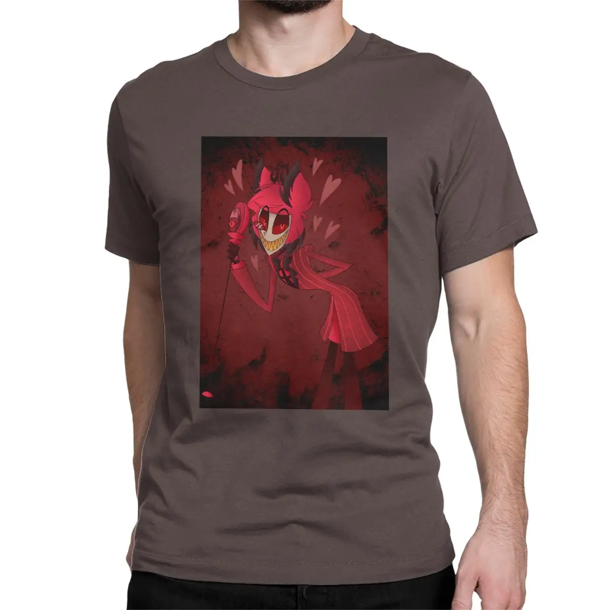 Мужские футболки Love Of Alastor, хлопковые топы Hazbin, винтажные футболки с коротким рукавом и круглым вырезом, футболки размера плюс - Цвет: Коричневый