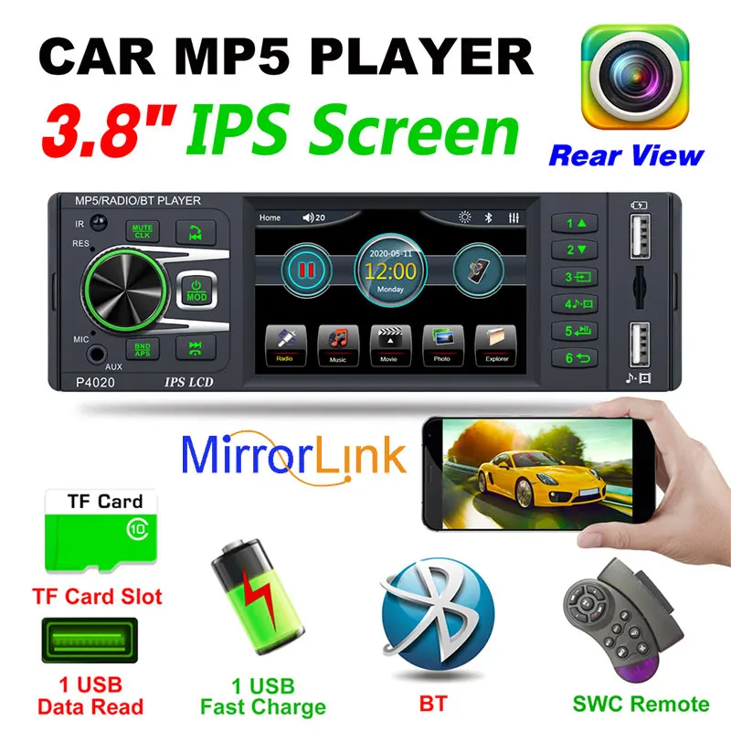 

Car Radio 1DIN MP5 player SD Two USB Port AUX 3.8 Inch U Disk IPS MirrorLink Not Touch Screen Rear Microphone Dual USB Bluetooth
