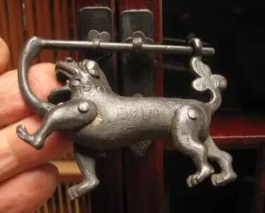 Винтажный китайский бронзовый замок FOO-DOG статуя с ключом в хорошем рабочем