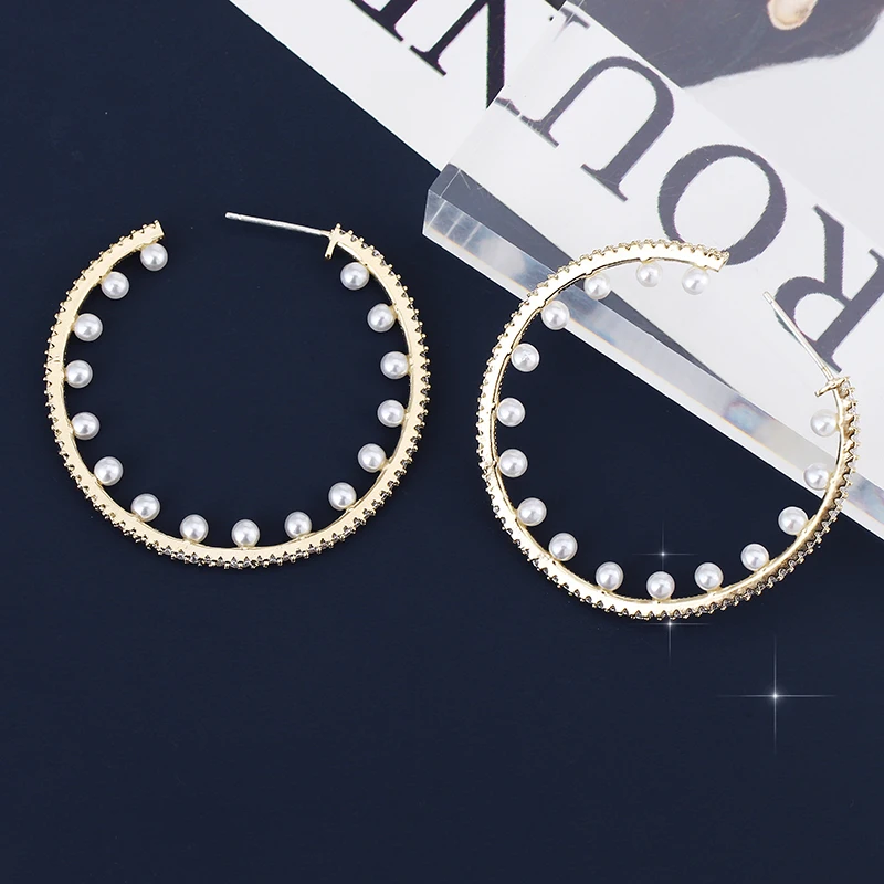 

VERY GIRL Luxury Imitation Pearl Cubic Zircon Statement Big Round Circle Hoop Earrings For Women Wedding Jewelry