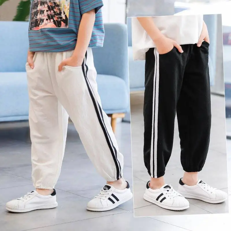 

Childrenswear BOY'S Pants 2019 Summer Thin Section Viscose Anti-mosquito ku bao Cotton Linen Big Boy Stripes Gymnastic Pants