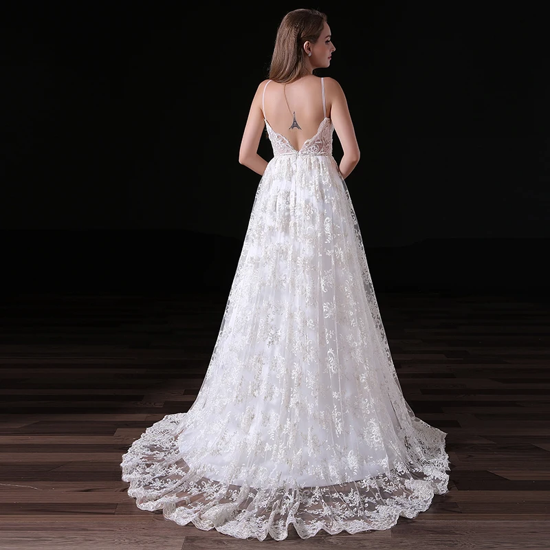 Тюль A-Line Свадебные платья Спагетти ремни Длина пола спинки Robe De Mariee без рукавов Sweep Train