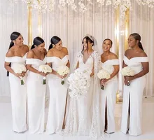 Hot White Long Bridesmaid Dress 2022 Mermaid Soft Satin Side Slit Lace Up Back Bridal Party Gown Robe De Soirée De Mariage