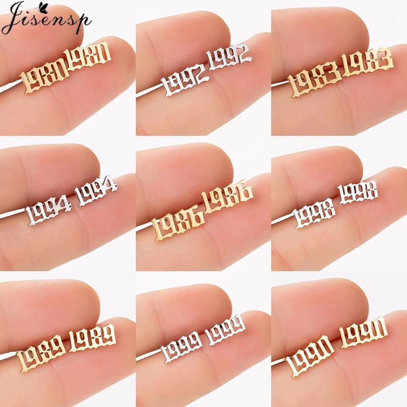 

Jisensp Personalized Small Year Number Stud Earrings Women Gold Stainless Steel Earing Custom Year 1980 to 2010 Birthday Gift