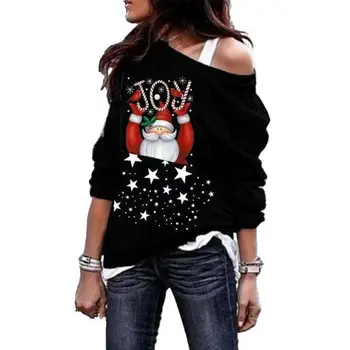 

Newest Santa Claus Print Clothes 2020 Women Skew Collar Christmas Hoodie Long Sleeve Pullover Xmas Sweatshirt Plus Size 3 Colors