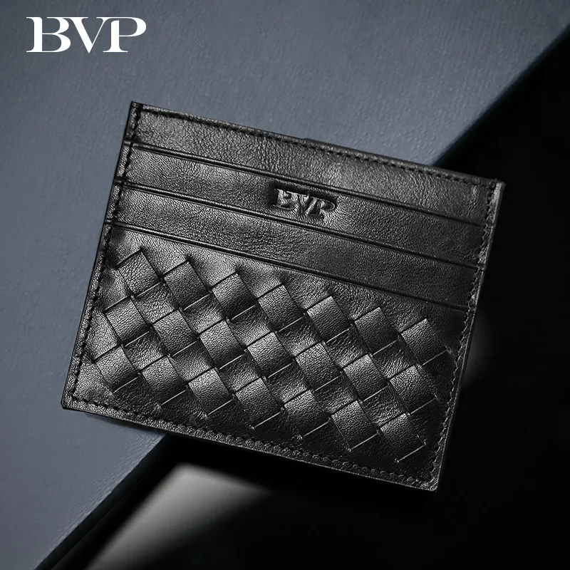 

BVP Brand Genuine Leather Men Card Holder Bag Woven Pattern Business Male Card Bag Black Man Small Wallet Fashion Mini Purse J50