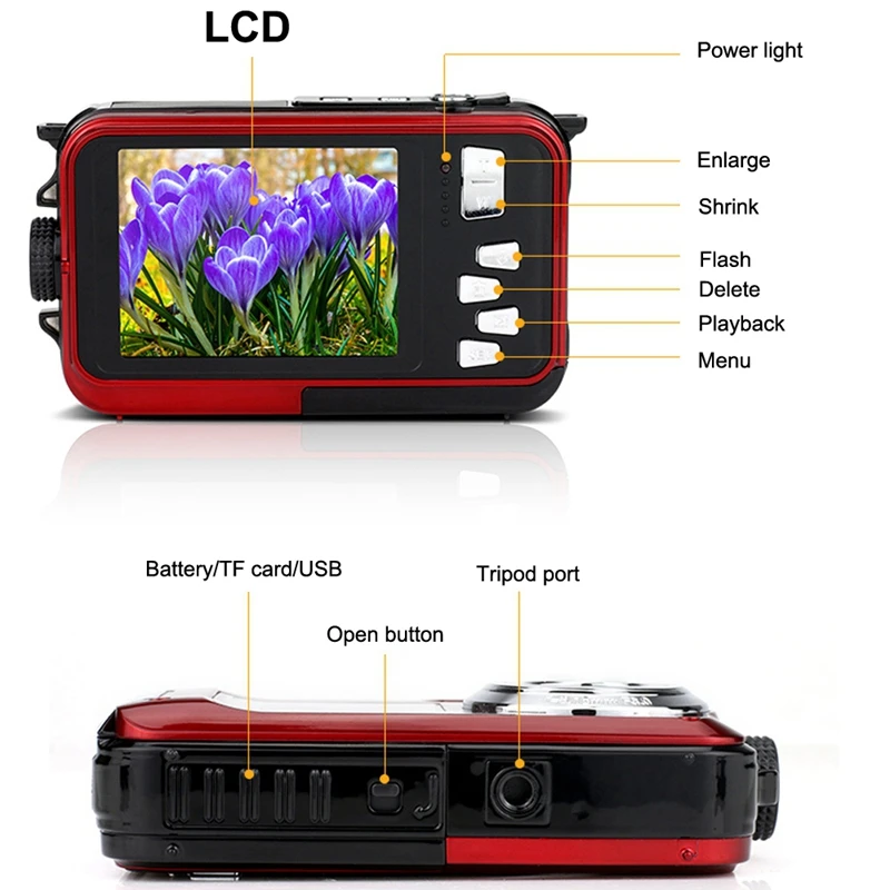  Dual-Screen Digital Waterproof Camera/Camcorder 1080P 2400W Pixel 16X Digital Zoom Hd Self-Timer Fa