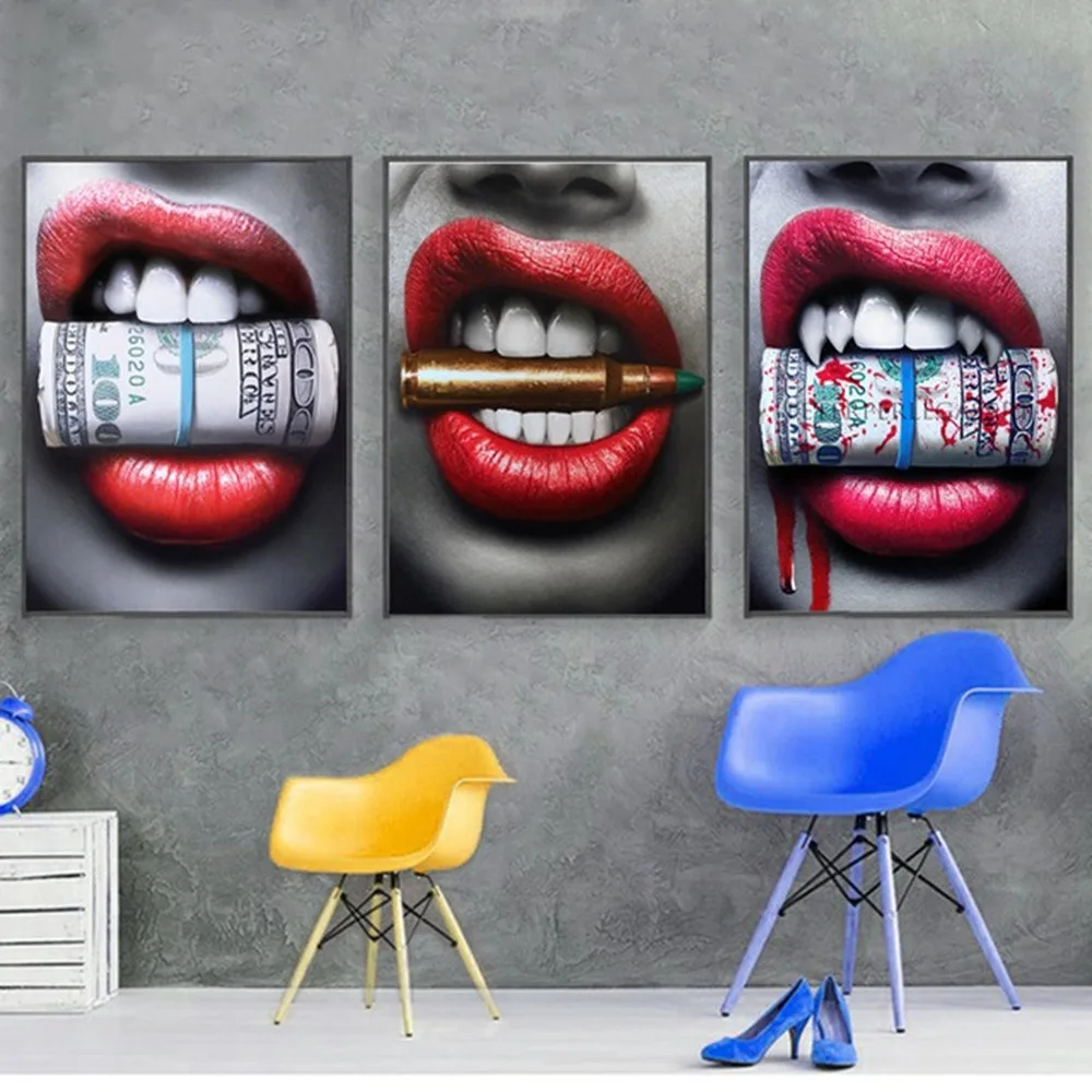 

Sexy Beauty Personality Red Lips American Print Oil Painting Lips Coin Bullet Seduction Poster Bar Restaurant Decoration Picture