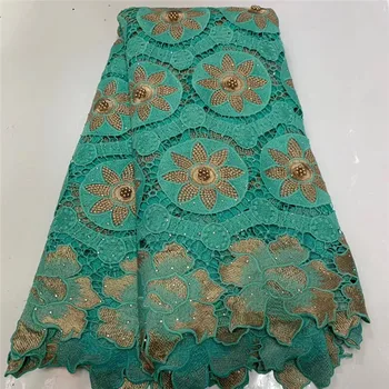 

2020 Newest Nigerian Water Soluble Lace Fabric 5 Yard Green color Guipure Lace Fabric With Stones Beads African Cord Laces KK5-4