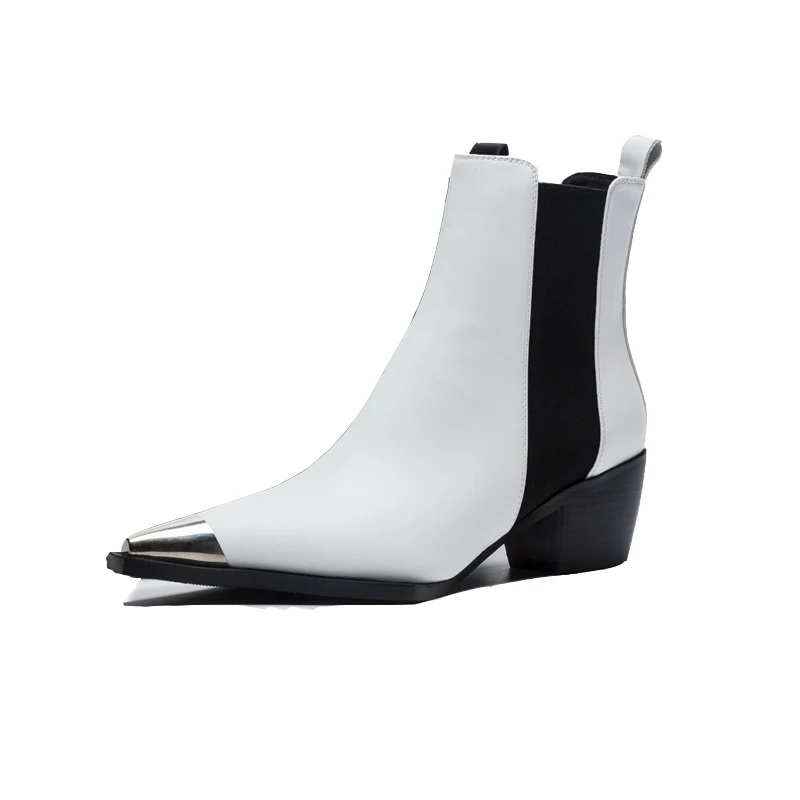 

Chelsea Boots Women Fashion Autumn Winter Leather Pointed-Toe Black White Mixed Color Metal Middle Heel Plus Size Ankle Boots 43